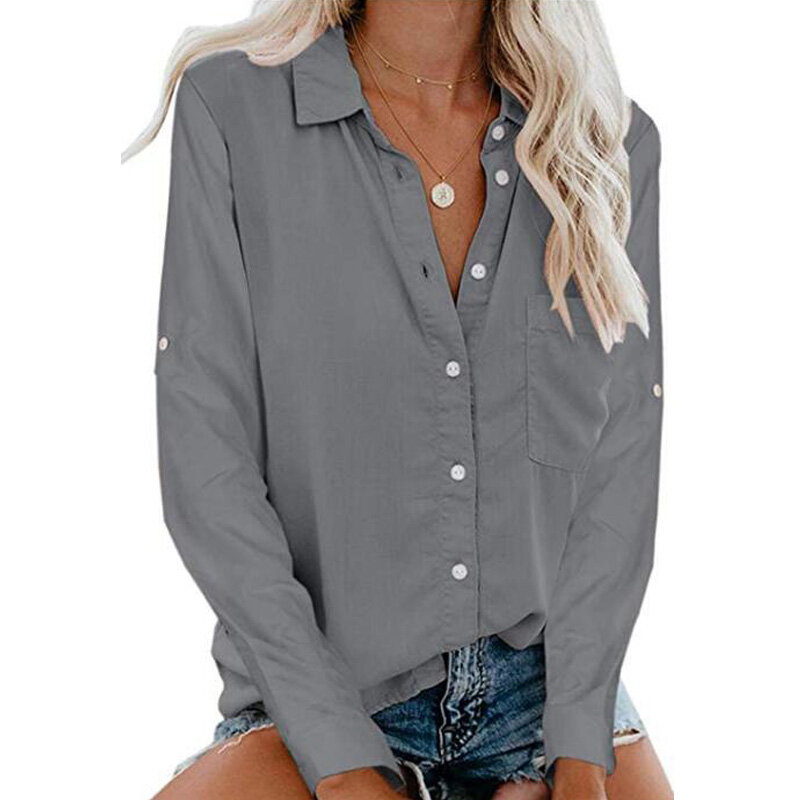 CINESSD-blusas informales con cuello vuelto para mujer, camisa de manga larga con puños, rebeca con botones y bolsillo, Tops de oficina, camisetas