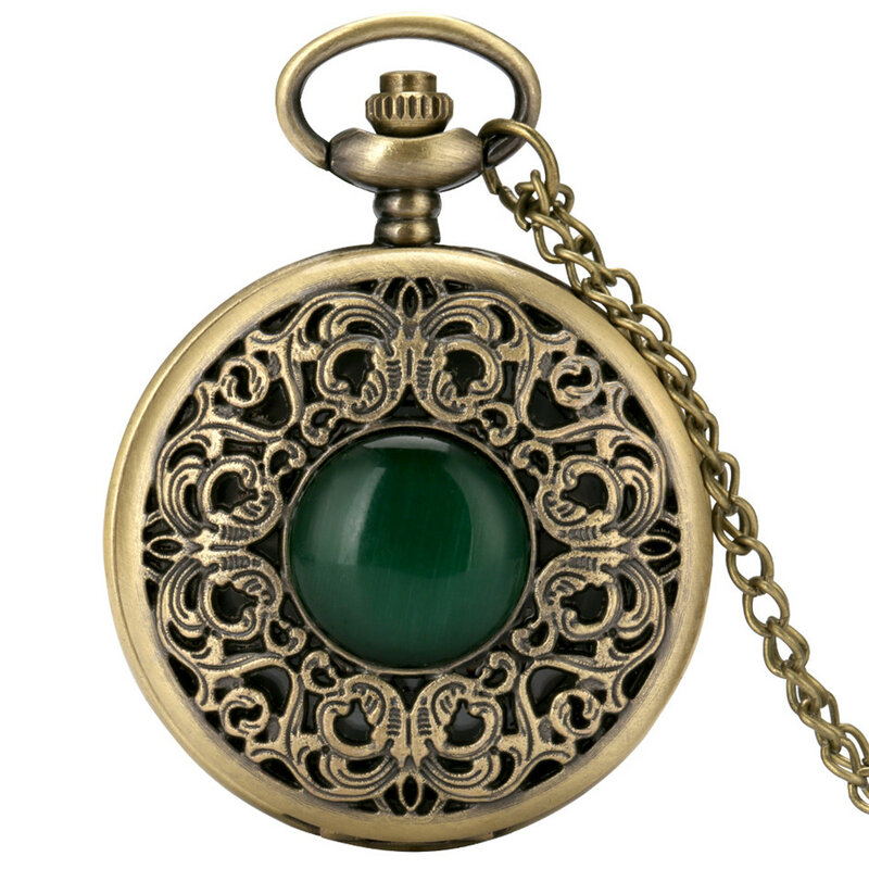 Green Stone Carved Pattern Bronze Quartz Pocket Watch Antique Necklace Pendant Clock Gift Men Women Arabic Numerals Display Dial