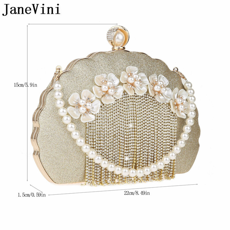 JaneVini Luxury Designer Evening Bag Monedero Shiny Beaded Pearl Flowers Wedding Bride Handbag Messenger Bags Ladies Clutch Bag