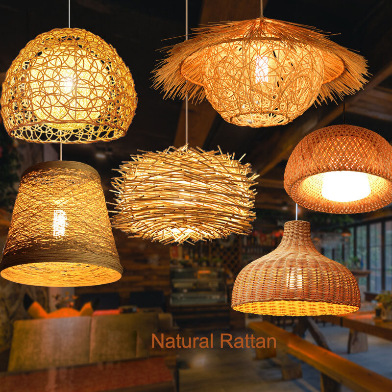Led rattan lustre redondo pássaro ninho casa palha chapéu lâmpada de bambu criativo pastoral do vintage varanda restaurante chandelie luz