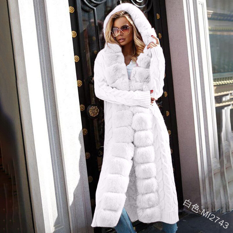 Wepbel moda feminina cor sólida costura de pelúcia casaco de malha inverno casual manga longa com capuz cardigan camisola quente