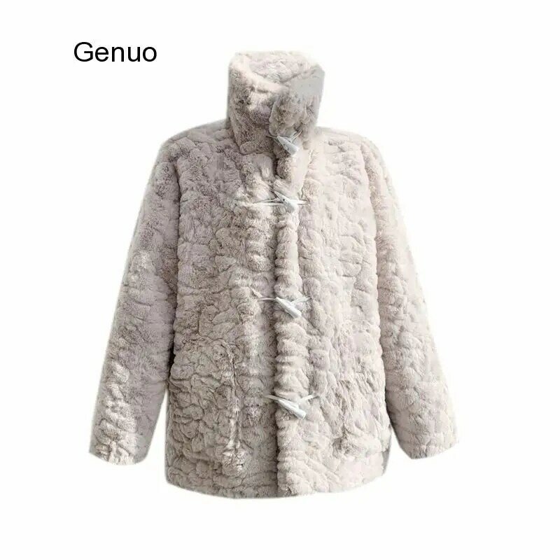 Women Winter Thick Copy Rabbit Fur Girl Horn Buckle Fur Coat Ladies New Fashion Warm Loose Lapel   Soft Plush Coat
