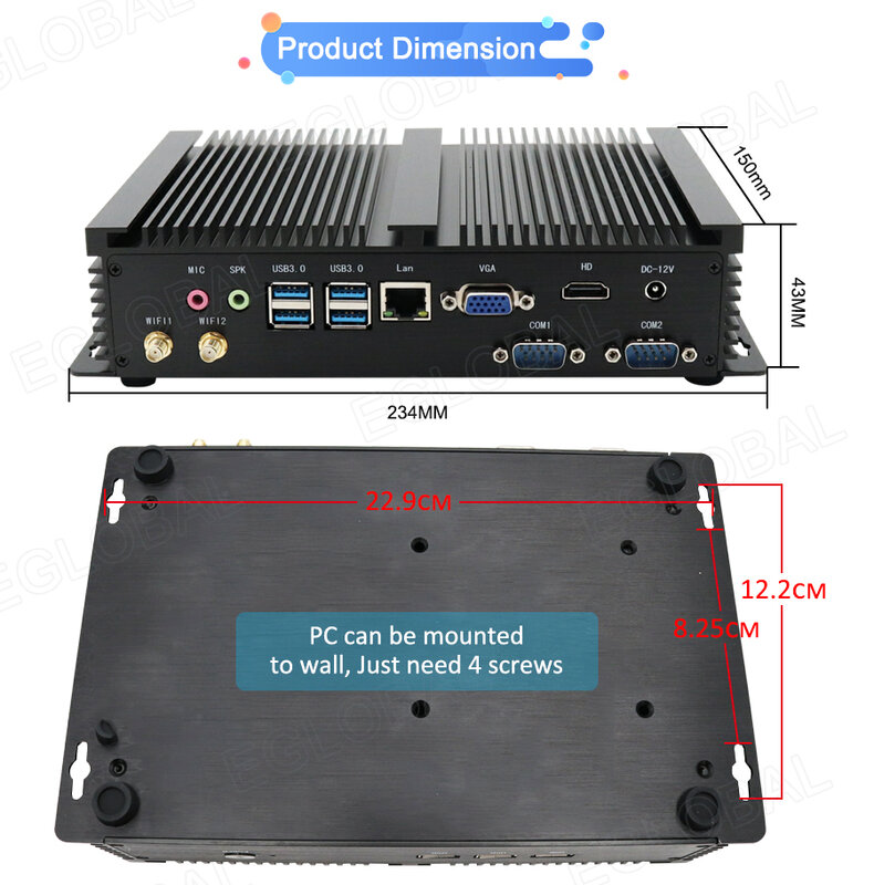 Mini PC i7-8565U/i5-8265U/i3 7020U, Wi-Fi 300 Mb/s, 4K/HD, fanless, ordinateur industriel, HTPC, fonctionnement continu 24 heures, avec ports 2x COM, HDMI, VGA, pour double affichage