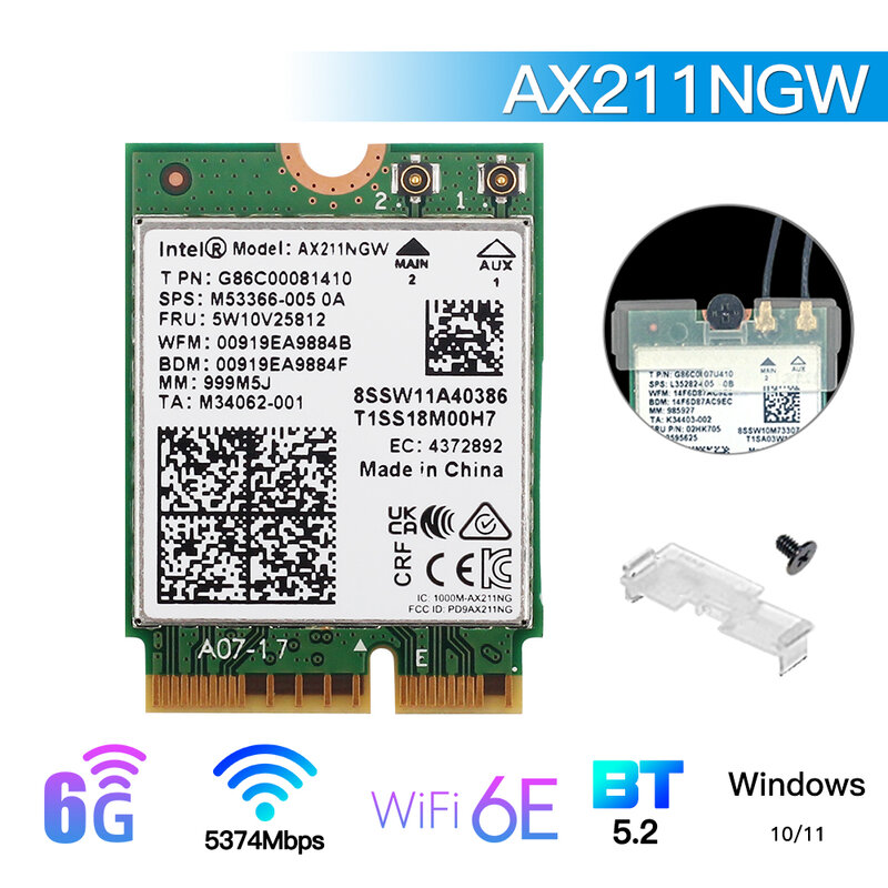 Adaptateur de carte réseau WiFi sans fil, Bluetooth 2.4, Intel AX211, M.2 KeyE, CNVio, Windows 11, 6E AX211NGW LeicBand, 5.2G, 5G, 6 mesurz
