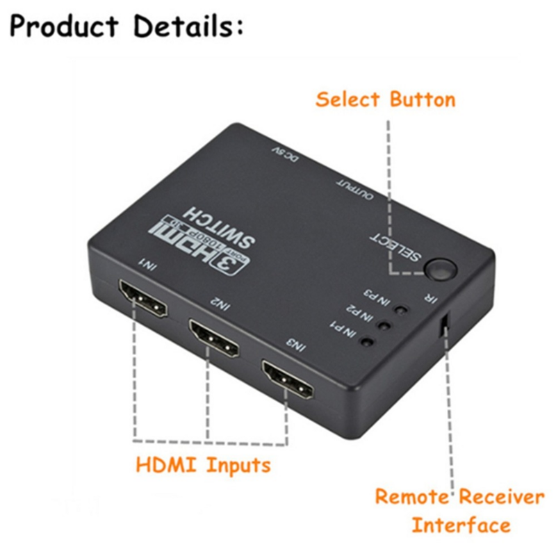PzzPss HDMI Switcher 3 Trong 1 Ra 3 Cổng Hub Hộp Tự Động Chuyển Đổi 1080P HD 1.4 Có Remote Cho HDTV XBOX360 DVD Máy Chiếu