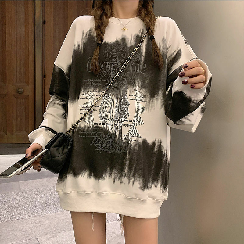 Atasan Tie-Dye Sweter Wanita Streetwear Amerika Pertengahan Panjang 2020 Musim Dingin Baru Longgar Ditambah Beludru Tebal Hoodie Harajuku Wanita