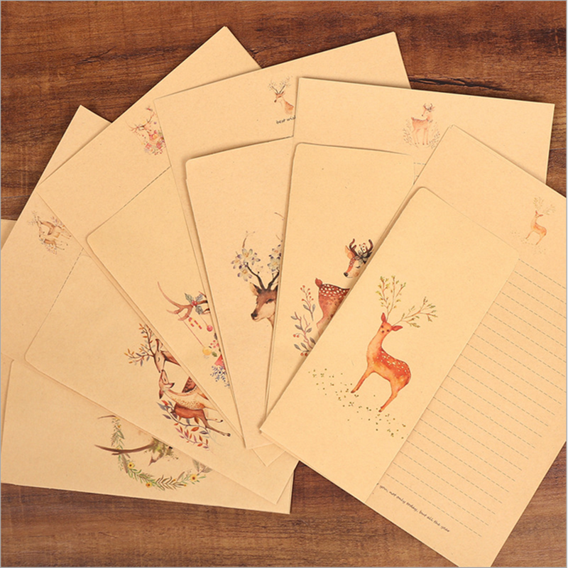 10pcs/carton Europeo Alce Animale Lettera Busta di Carta Set Retro Kraft Carta Da Lettera Busta Set di Festa Lettera in Busta set