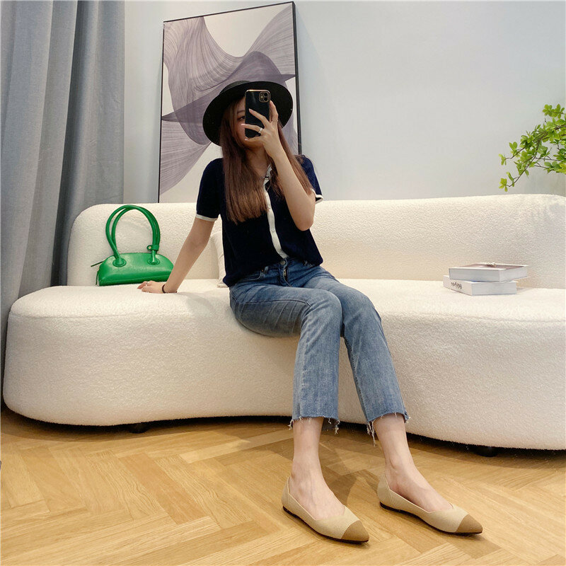 2021ผู้หญิงถักรองเท้านุ่มตั้งครรภ์ Zapatos De Zapatillas Mujer รองเท้าแตะ Chaussure Femme ผู้หญิงแบนบัลเล่ต์ผสมสี