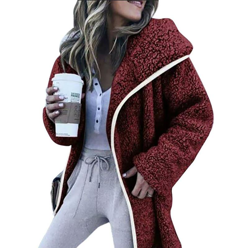 Damska kurtka jesienno-zimowa gruba jednokolorowa pełna rękaw syntetyczny polar luźna ciepła długa kurtka płaszcz damski