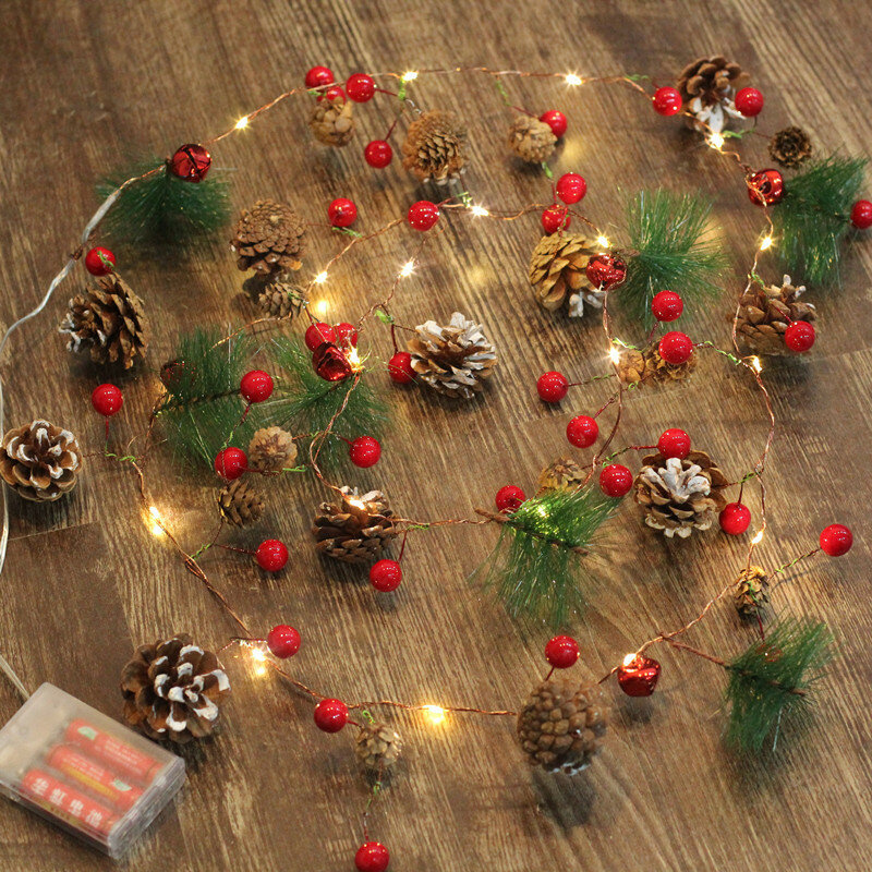 Pheila led presentes de natal luzes da corda com pinho cones de seda pinho bola vermelha alimentado por baterias para decoração árvore de natal