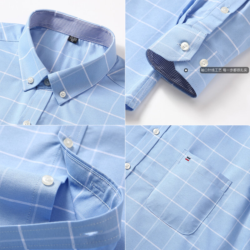 Camisas Oxford listradas de manga comprida masculina, 100% algodão, xadrez, monocromáticas, casual, uso diário, de negócios