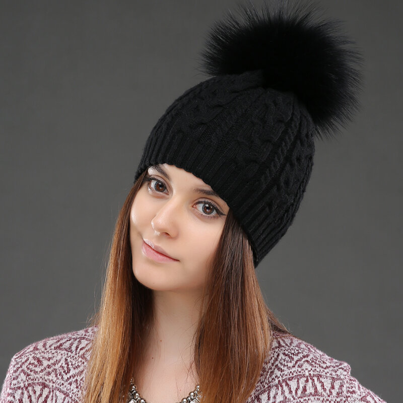 CNTANG – chapeaux tricotés Double couche pour femmes, bonnets chauds d'hiver, chapeau en laine avec pompon, fourrure naturelle de raton laveur, mode féminine, 2021