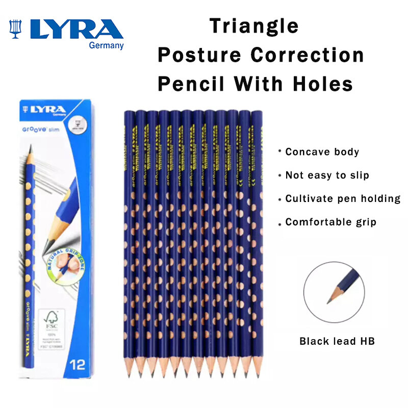 LYRA Groove-lápiz triangular de grafito delgado con agujeros, corrección de postura de escritura, posición de agarre para la escuela, suministros para principiantes, 12 Uds.