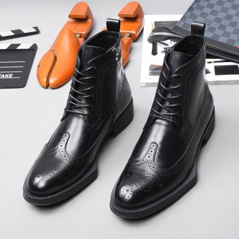 Brogue – chaussures de sécurité à bout d'aile en cuir véritable pour homme, bottines formelles d'hiver à talons hauts pour le travail, les fêtes et les affaires