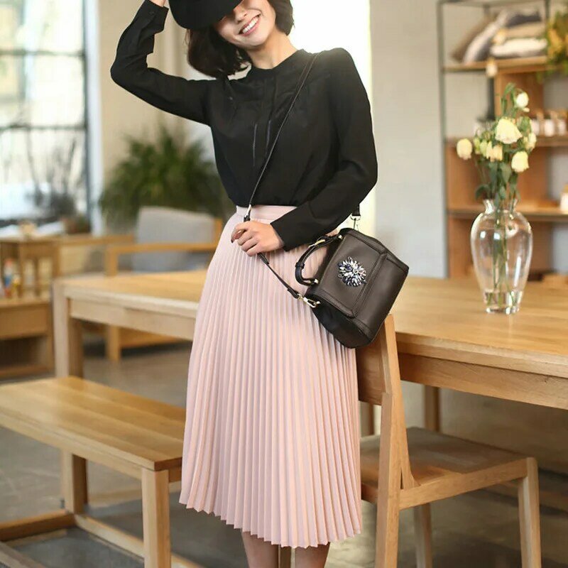 Spring and Autumn New Fashion Women's High Waist Pleated Solid Color Half Length Elastic Skirt Promotions Lady Black Pink