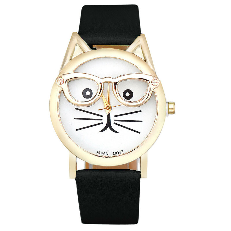 레오파드 패션 여성 시계, 가짜 가죽 밴드 쿼츠 손목 시계, 최고의 선물 프린트 시계, 귀여운 안경, 고양이 시계, 2020 년 패션