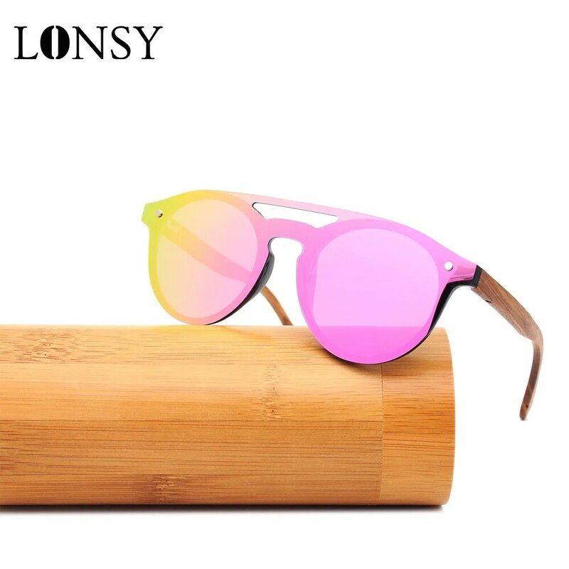 Lonsy óculos de sol de madeira natural feminino, polarizado, modelo de marca, uv400, espelhado