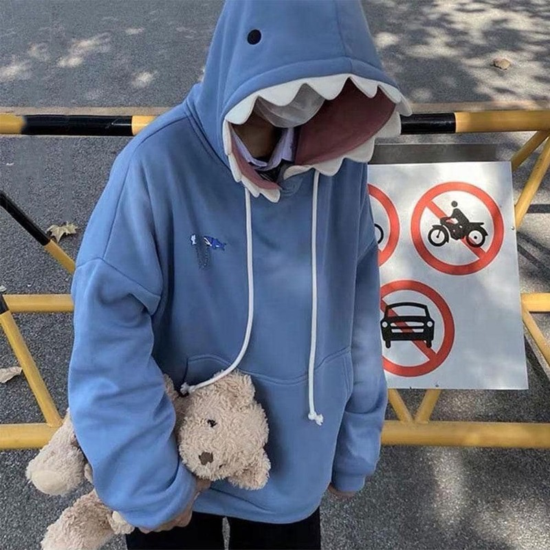 Funny Shark Patchwork Hoodies ฤดูใบไม้ร่วง Kawaii Sweatshirt 2023เสื้อกันหนาว Casual โรงเรียนคู่ใหม่