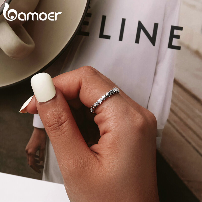 BAMOER-여성을 위한 정품 실버 925 스타 반지, 100% 925 스털링 실버 스태킹 가능한 손가락 반지 보석 PA7151
