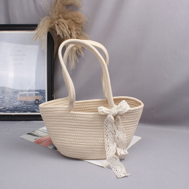 Borse in tessuto di cotone di paglia borsa da donna borsa a tracolla con fiocco in pizzo vacanza al mare stile cesto leggero manico superiore