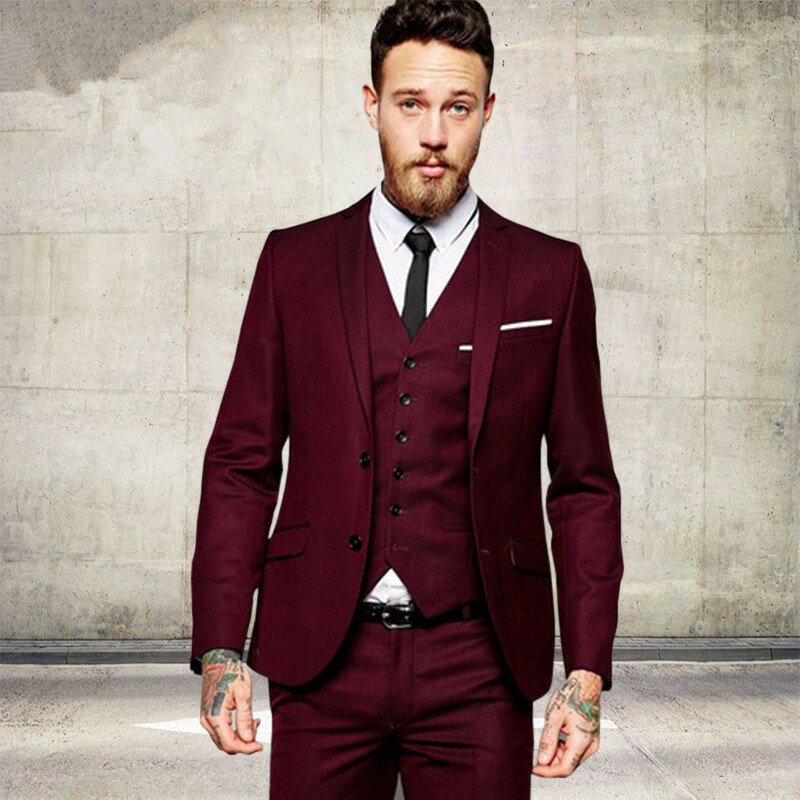 Moda masculina vinho vermelho borgonha ternos masculinos fino ajuste formal feito sob medida do noivo prom smoking 3 peça masculino blazer jaqueta + calça colete