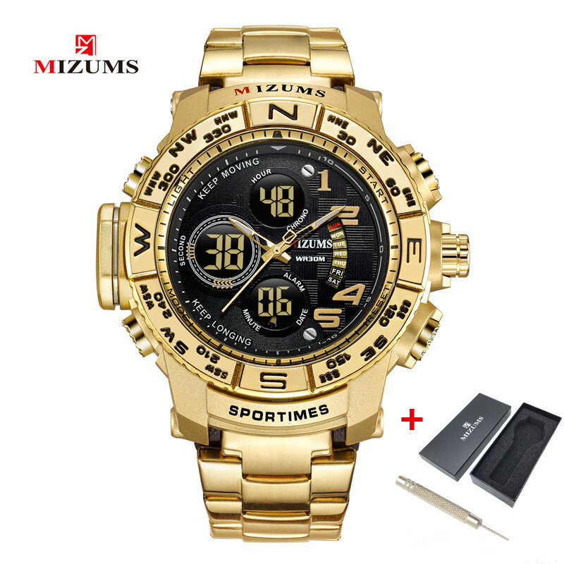 MIZUMS 남자 시계 골드 쿼츠 아날로그 디지털 LED 디스플레이 스틸 밴드 스포츠 비즈니스 중지 시계 남자 크로노 군사 시계
