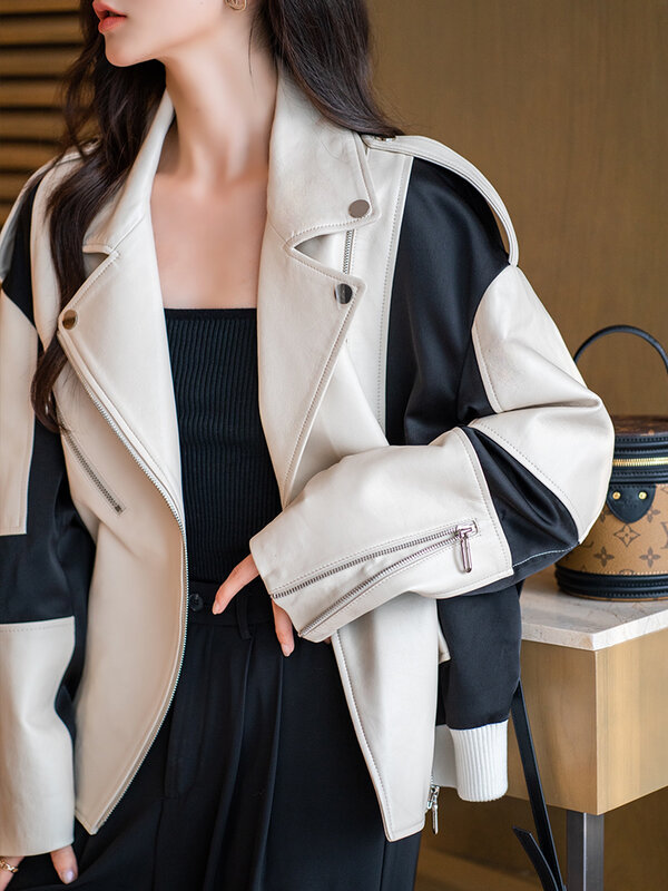 Mantel Kulit Domba Musim Dingin Wanita Hijau Hitam Putih Jaket Kulit Sambungan Mantel Musim Gugur Longgar Lokomotif Mantel Jaket Wanita