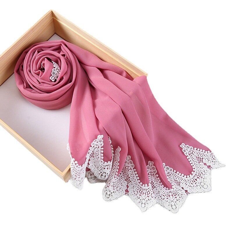 Модный простой пузырьковый тяжелый шифоновый хиджаб шарф с белой вышивкой кружева твердого цвета платочная повязка на голову мусульманские хиджабы шарфы