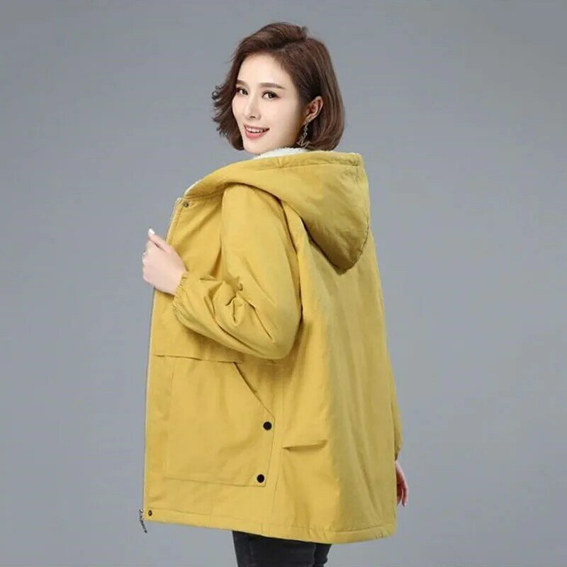 Add Velvet Casual Coat Women's Cotton Coat Parkas Winter Jacket Hooded Big Size Loose Keep Warm Overcoat Parka Korean Version