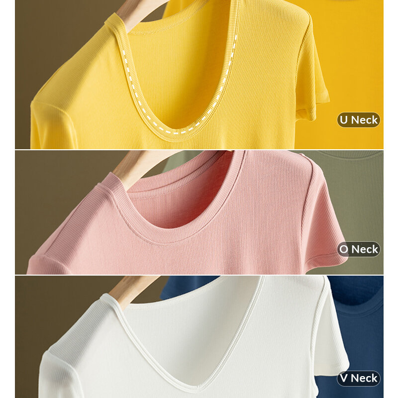 SuyaDream Women Basic T Shirt Real Silk Blend U Neck Short Sleeves Knitted Ribs Shirt 2021 Summer Tee