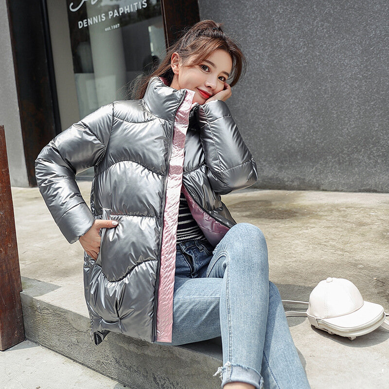 Gaya Baru Pendek Stand-Up Kerah Korea Luxury Jaket Longgar Roti Trendi Kecil Wanita Jaket Musim Dingin Pakaian Biru 3XL