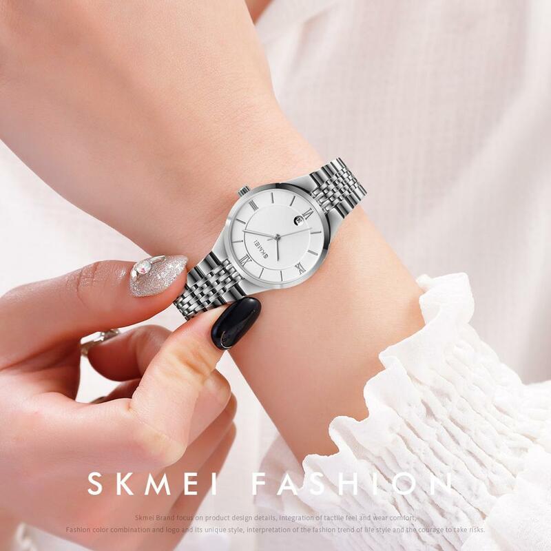 패션 커플 시계 브랜드 SKMEI 손목 시계 방수 스테인레스 스틸 여성 시계 남자 시계 날짜 표시 시계 Reloj Hombre