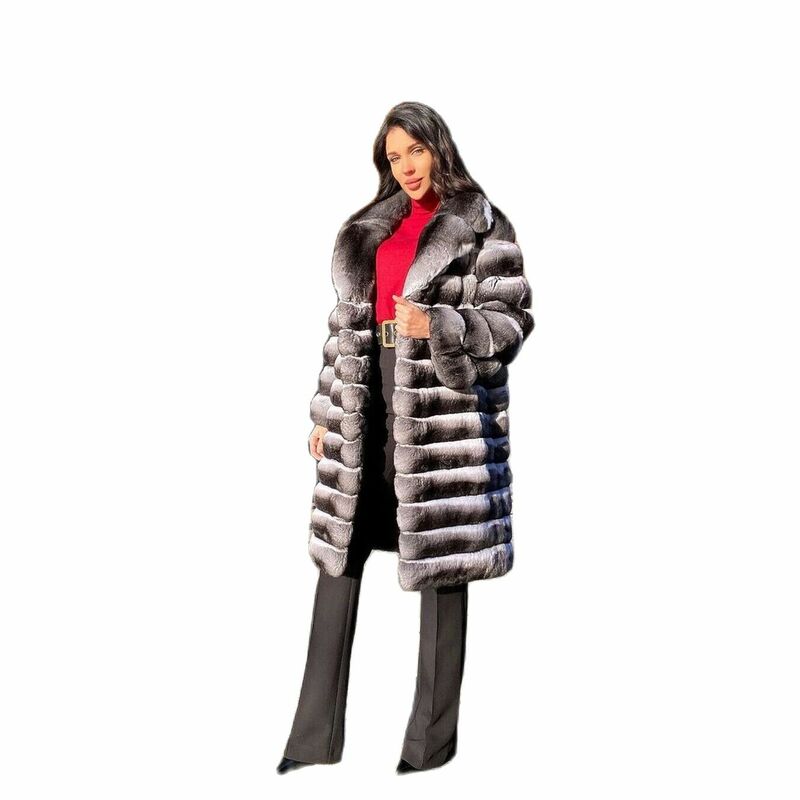 Fashion Long Real Rex Rabbit Fur Coat for Women Winter New Whole Skin Genuine Rex Rabbit Fur Coat with Lapel Collar Fur Overcoat