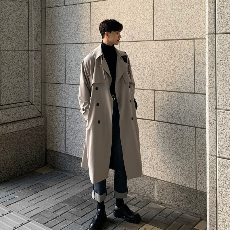 Gabardina de moda coreana para hombre, abrigo largo, rompevientos, ropa de calle, ropa exterior, Primavera, nuevo