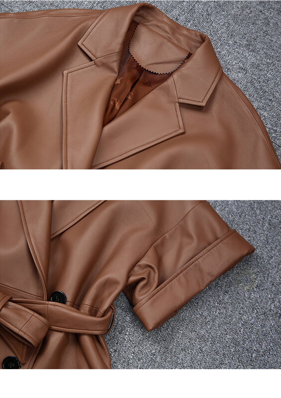 Abrigo de manga corta de cuero genuino para Mujer, chaqueta larga con cuello y bolsillos, suéter elegante, 2023