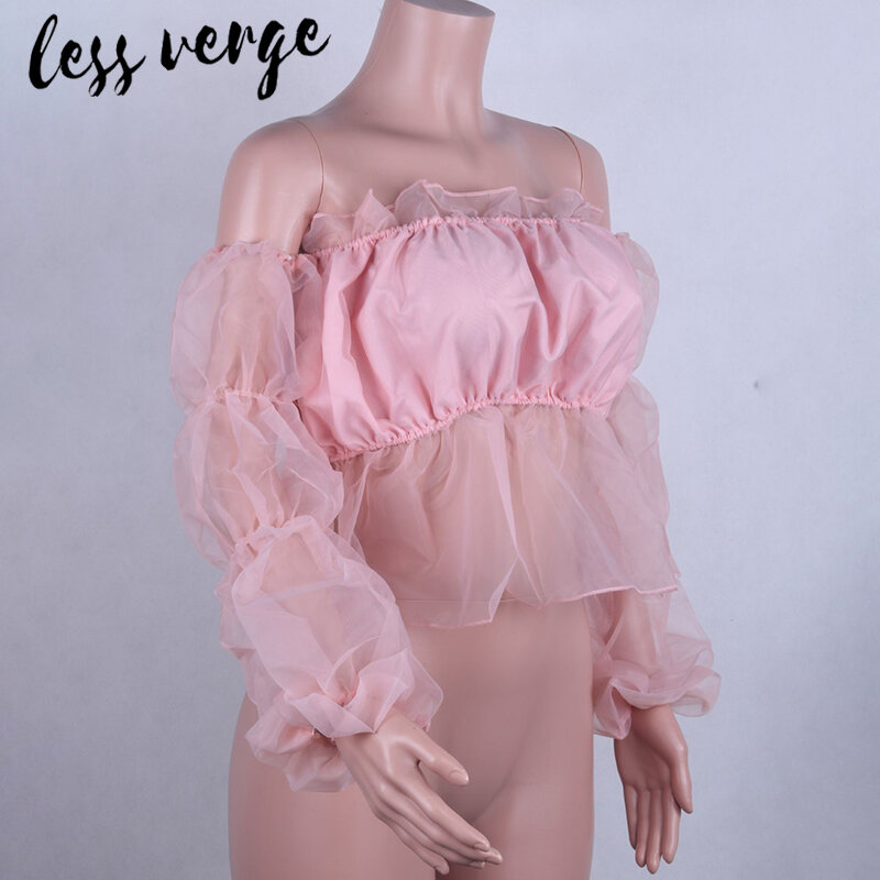 Lessverge 오프 숄더 프릴 메쉬 화이트 블라우스 셔츠 우아한 자른 여성 탑스 peplum 섹시한 핑크 가을 겨울 blusas mujer
