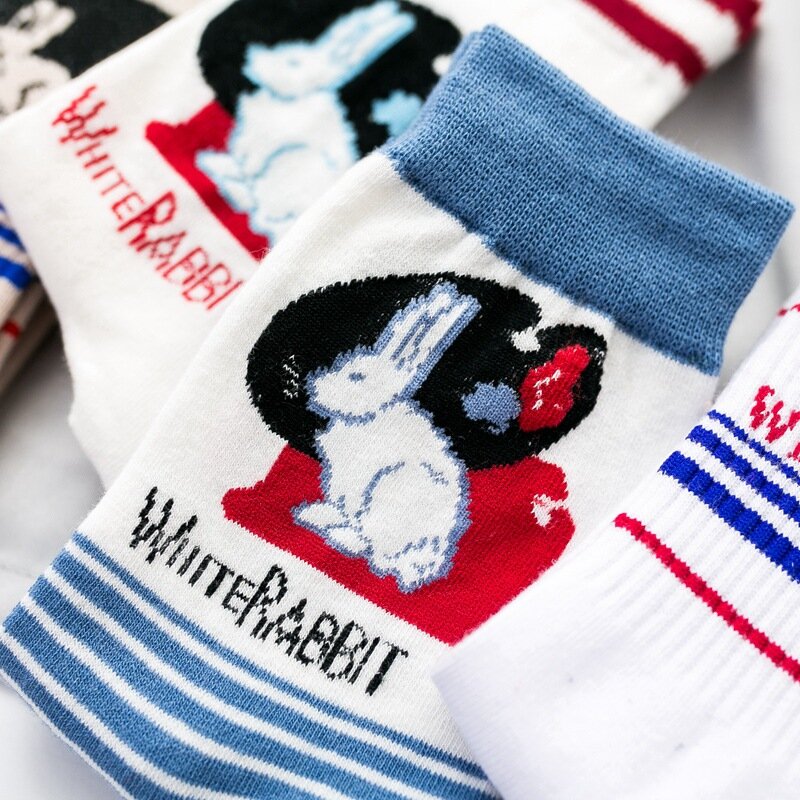 Calcetines divertidos y creativos de algodón con diseño de conejo para Mujer, medias de tubo de Jacquard con dibujos animados, calcetín deportivo de alta calidad
