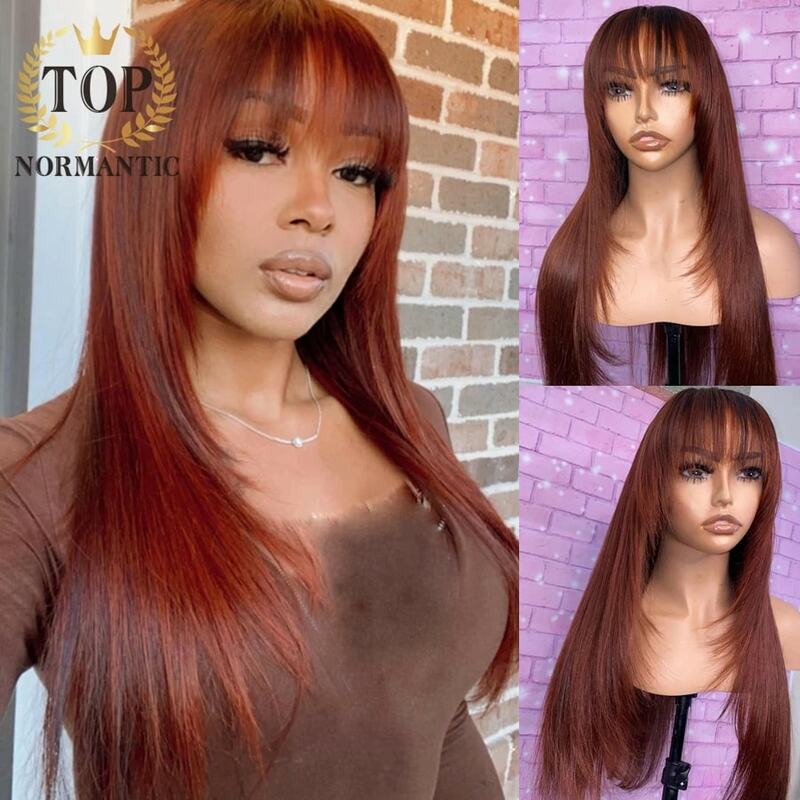 Topnormantic-peluca recta sedosa con flequillo para mujer, cabello humano brasileño Remy con encaje frontal 13x6, Color marrón rojizo