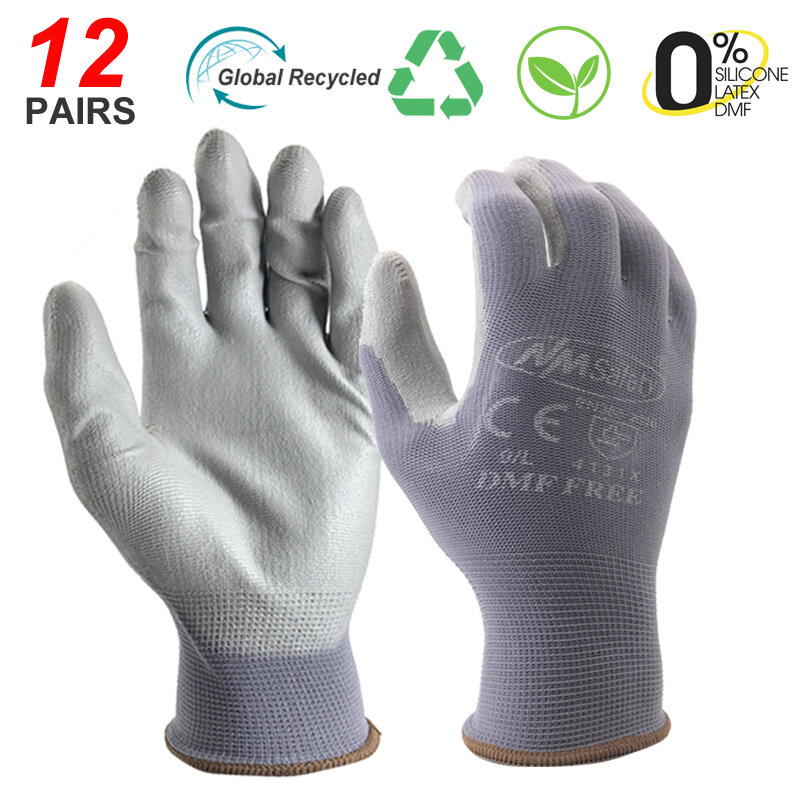 24Pieces/12 Pairs High Quality Knit Nylon PU Rubber Coating Safety Work Glove For Builders Fishing Garden Work Non-slip Gloves