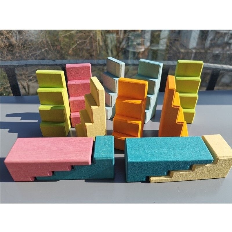 Conjunto de blocos de construção de madeira arco-íris pastel pisou telhados empilhando escadas para crianças jogo criativo