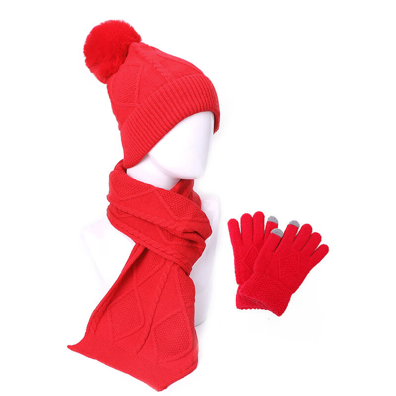 Vrouwen Hoed En Sjaal Handschoenen Set Drie Stukken Voor Vrouwen Winter Aangekleed Wol Hoeden Voor Meisjes Dikke Warm Pom muts Sjaal Handschoen Set