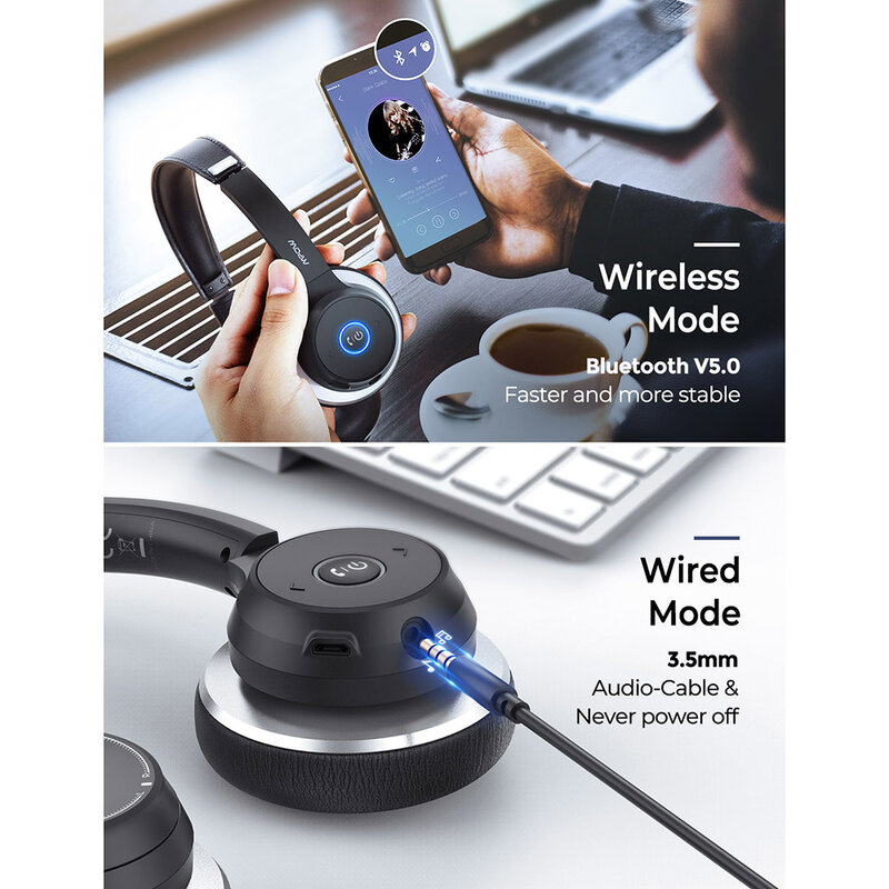 Mpow-auriculares inalámbricos HC5 con Bluetooth 5,0, 2 en 1 dispositivo de audio, con cable, CVC 8,0, larga duración, cancelación de ruido y micrófono, para centro de llamadas y oficina