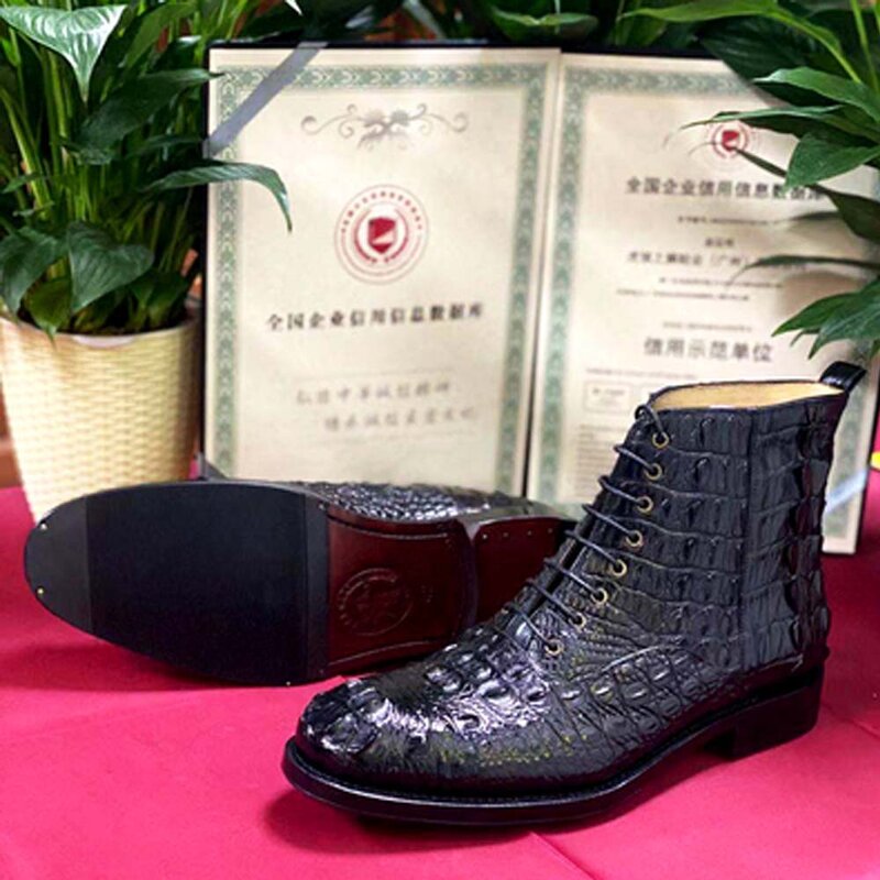 Hulangzhishi-Botas de piel auténtica de cocodrilo para hombre, botas cortas manuales, zapatos de piel de cocodrilo