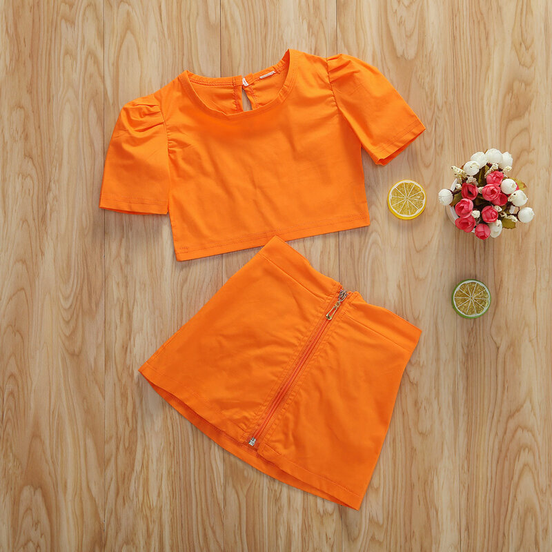 Meninas laranja puff manga superior + zíper saia conjunto crianças verão roupas de moda terno de duas peças