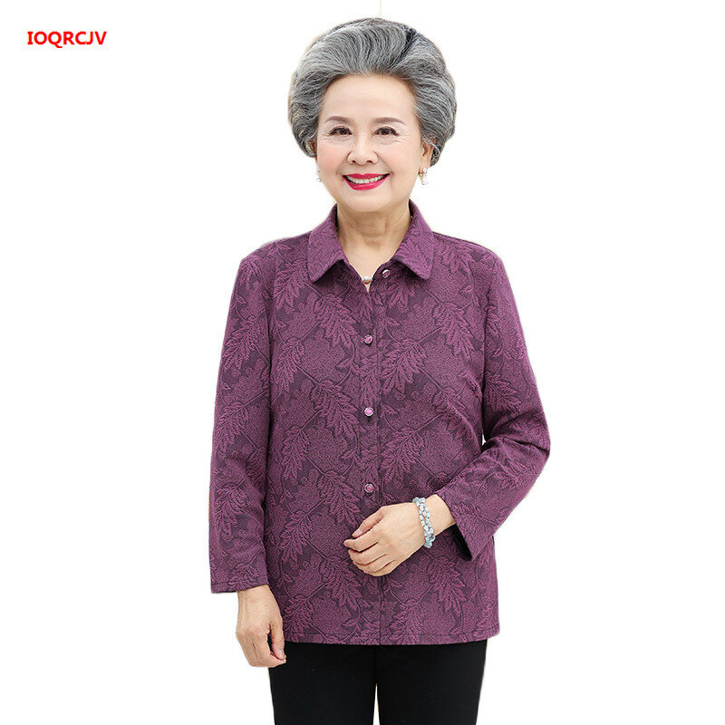 Old-age Autumn Female Tops 60-70 Years Old Mother Blouse Long Sleeve Printed Shirt Grandmother Spring Coat Cardigan Blouse 1485