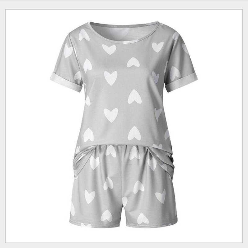 Conjunto feminino pijama manga curta, camiseta e shorts estampa coração bonitinho