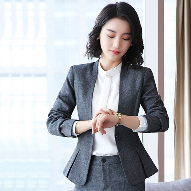 Terno de entrevista feminino, uniforme de escritório comercial com design e roupas de trabalho, blazer elegante para mulheres, estilo coreano dd2344