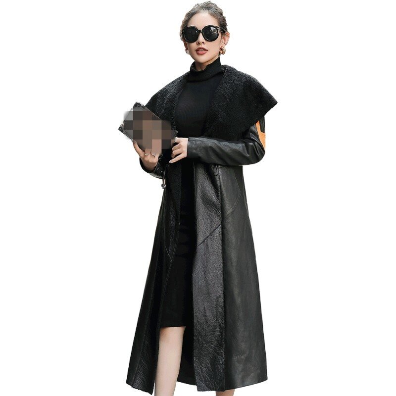 Manteau en peau de mouton pour femmes, coupe-vent de haute qualité, veste longue en cuir véritable, bureau dame, revers Slim Streetwear