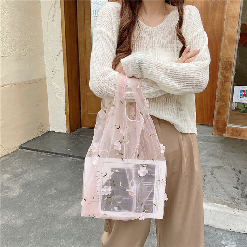 Female Flower Embroidery Hand Bag Organza Casual Tote Mesh Shopping Bags Woman Handbags