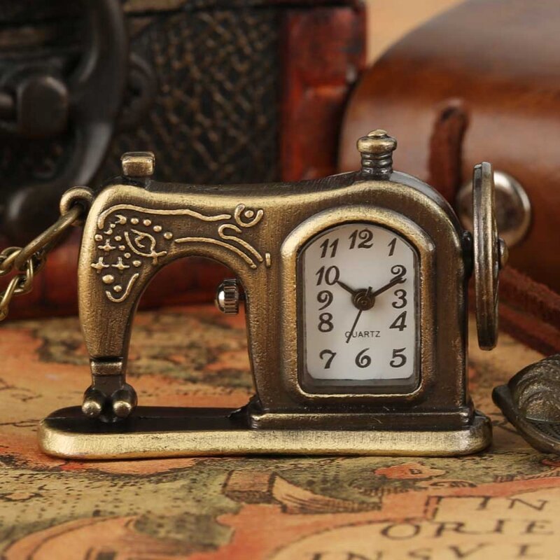 Antigo máquina de costura quartzo bolso relógio retro bronze colar pingente único fob camisola corrente lembrança presentes para homens